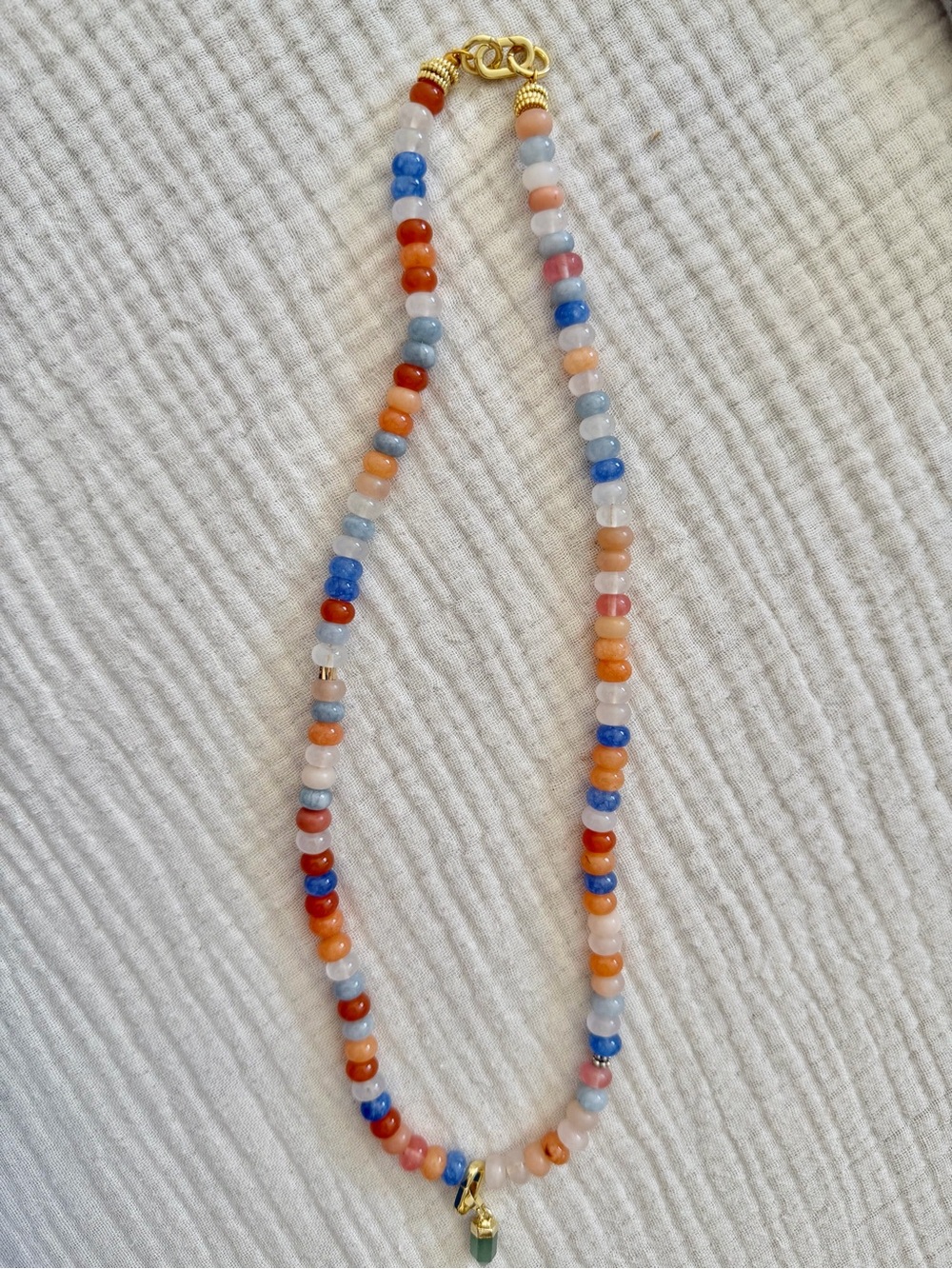 Jolie Blue Orange Pink Multicolor Crystal Beaded  Necklace with Green Gold Charm